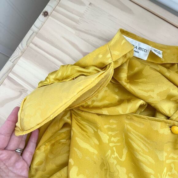 Vintage Nina Ricci 100% Silk Jacquard Long Sleeve‎ Blouse in Yellow, Size 8 - Picture 12 of 14